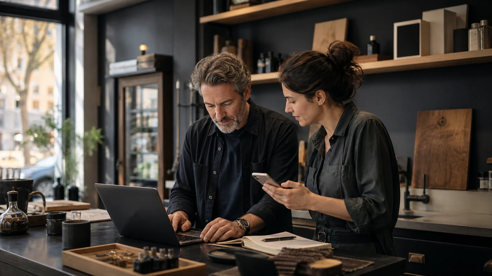 Scène illustrative de deux responsables d’un commerce indépendant préparant leur activité